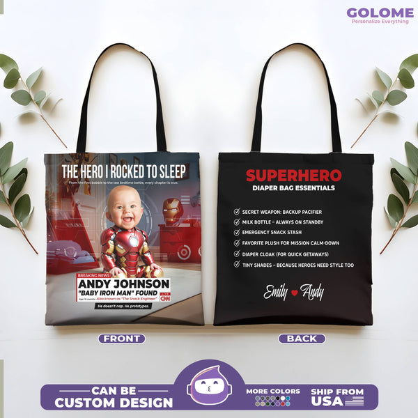 Personalized Superhero Baby Tote Bag – Baby Iron Man Design with Custom Name, Photo & Message
